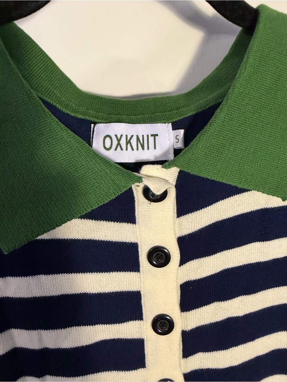 OXKNIT Navy & White Striped Polo with Green Collar Small NWT - Picture 3 of 5